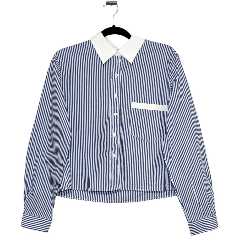 adL Cropped Blue Striped Button Up Blouse Size Large